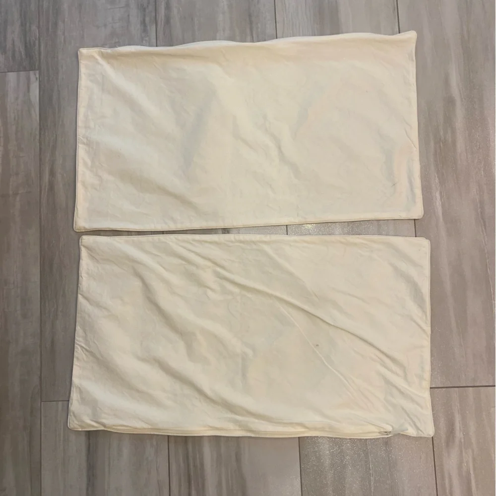 Pair of Cream Rectangle Lumbar Pillows with Blue and Tan Decorative Embroidery